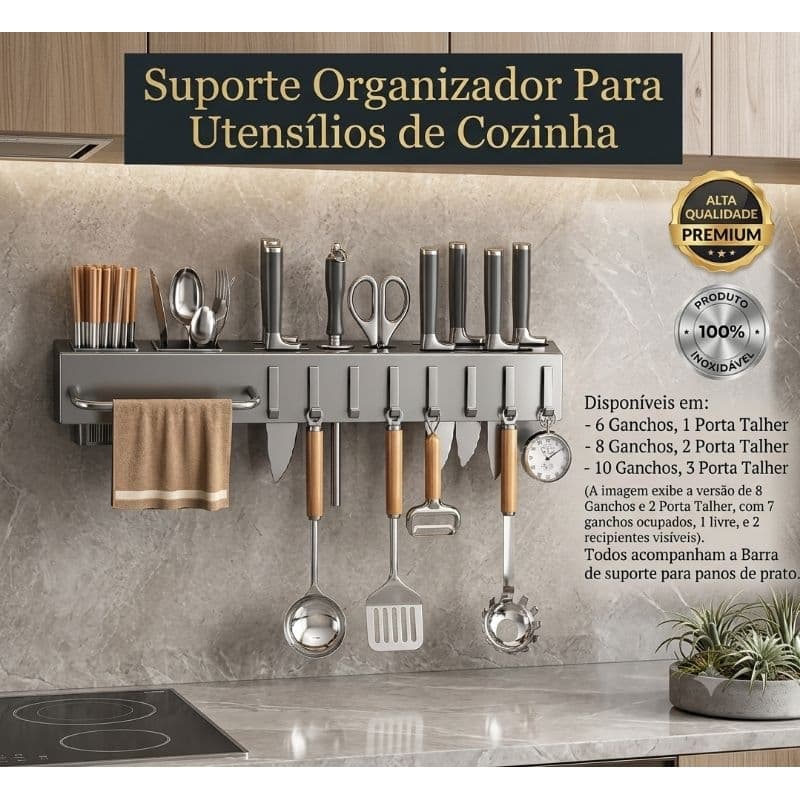 Suporte Organizador Utensílios de Cozinha 10/8/6 Ganchos Facas Talheres Toalhas Panos+Porta Palitos