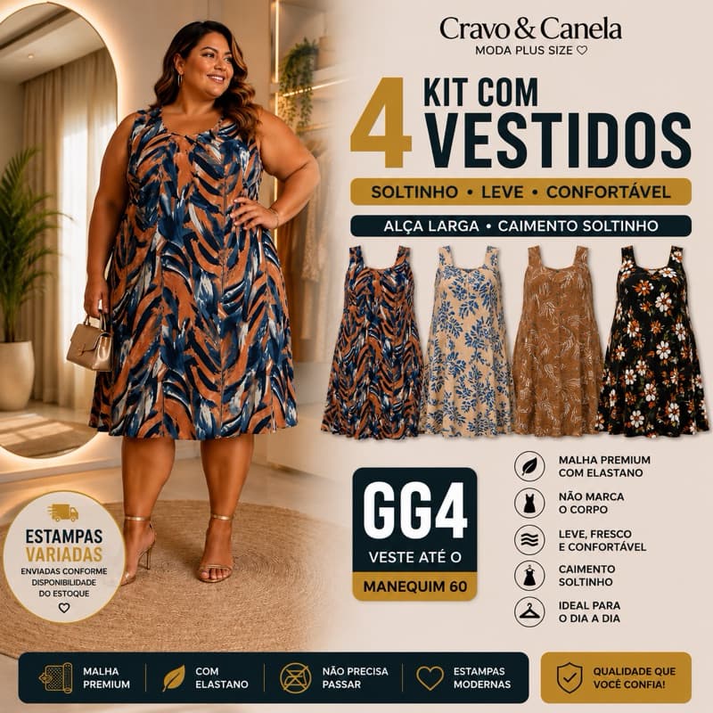 kit 4 Vestidos Regata Plus Size GG4 Veste até 60 tecido com Elastano Caimento Soltinho