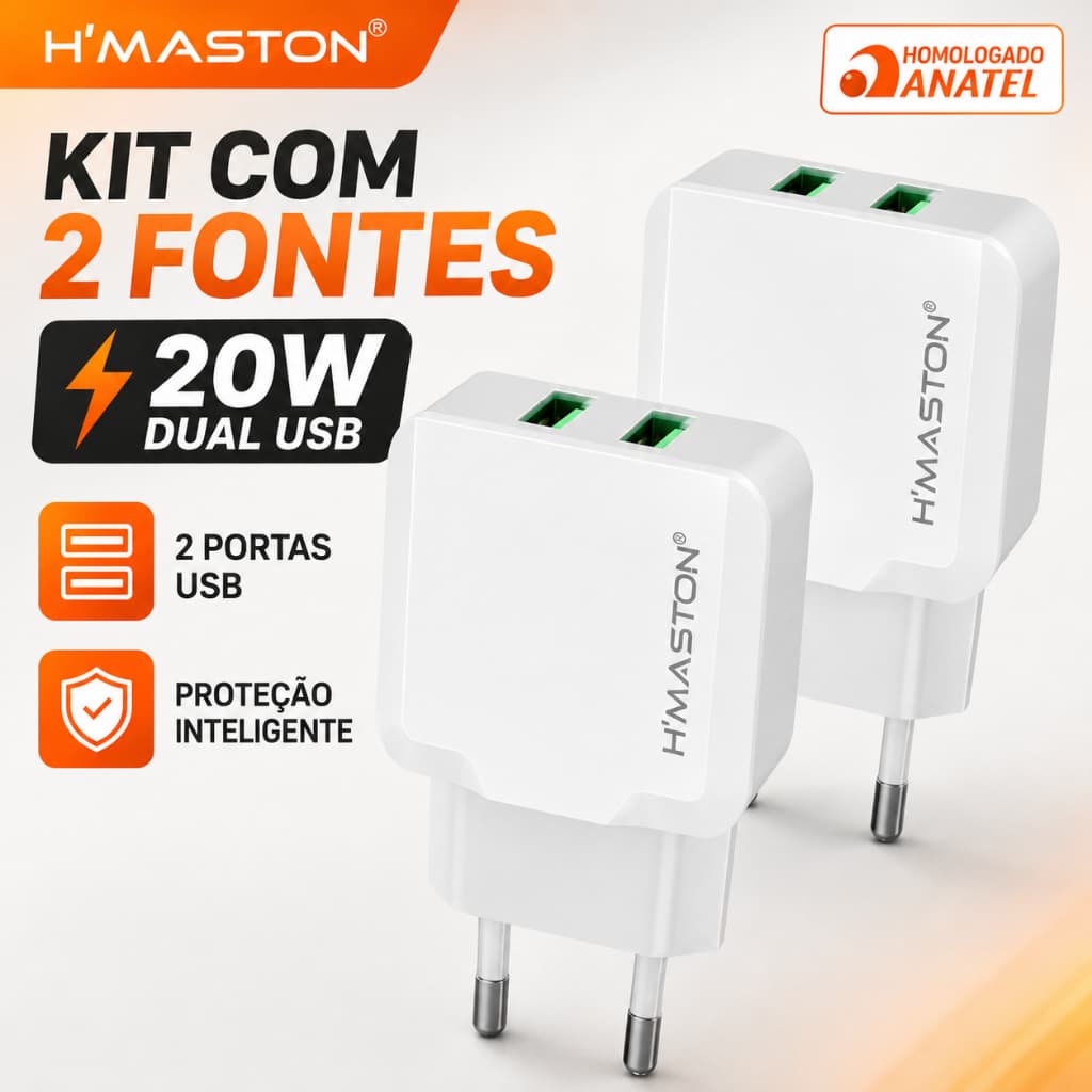 Kit 2 Fontes Carregador De Tomada 20w 4.1A Turbo 2 USB