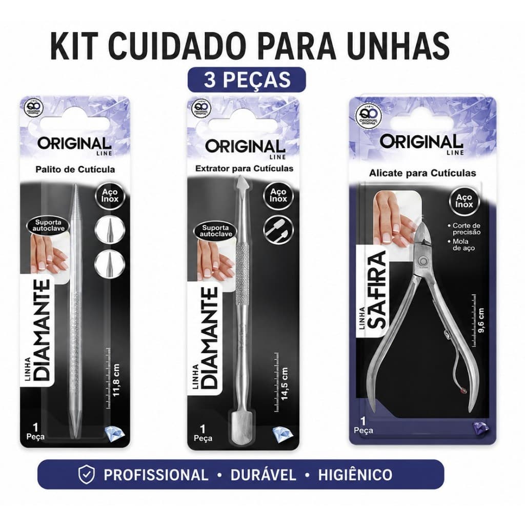 Kit Manicure 3 Peças Inox Alicate de Cutícula + Extrator + Palito Profissional Suporta Autoclave