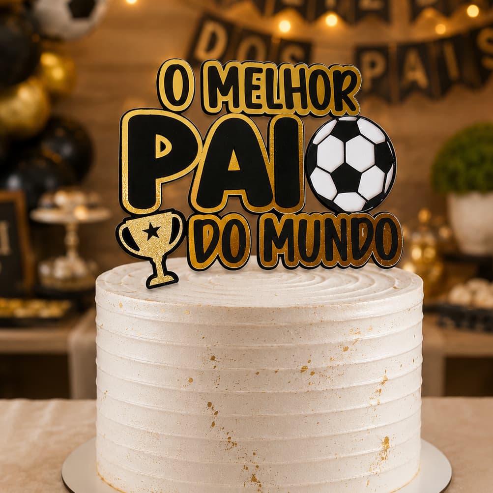 Topo de Bolo em camadas O Melhor Pai do Mundo Futebol Dourado Camadas- topo dia dos pais
