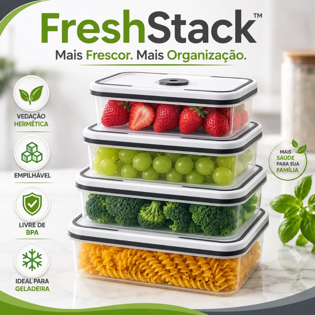 Kit 4 Potes Herméticos Quadrados FreshStack™ Tampa com Vedação Organizador de Alimentos Plástico Livre de BPA Empilhável