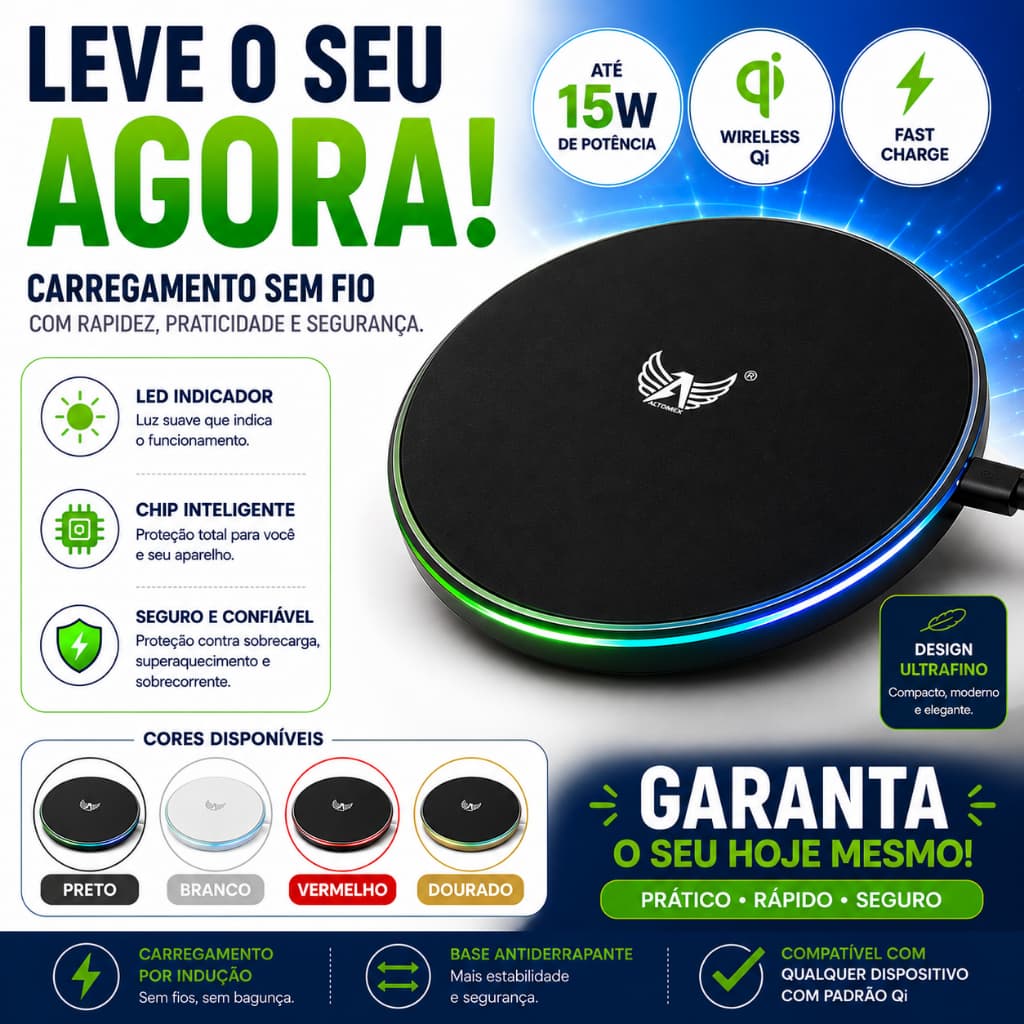 Carregador por Indução 15W Sem Fio Wireless Qi Fast Charge com LED Compatível Android e iPhone Altomex