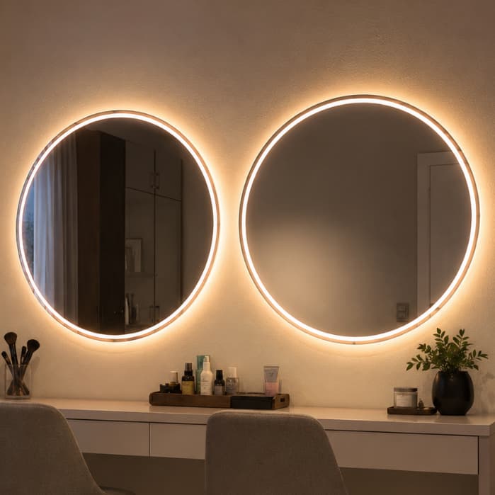Kit 2 Espelhos Redondos Grande 80x80cm com 3 Cores LED Botão Touch Jateados Decorativo Banheiro