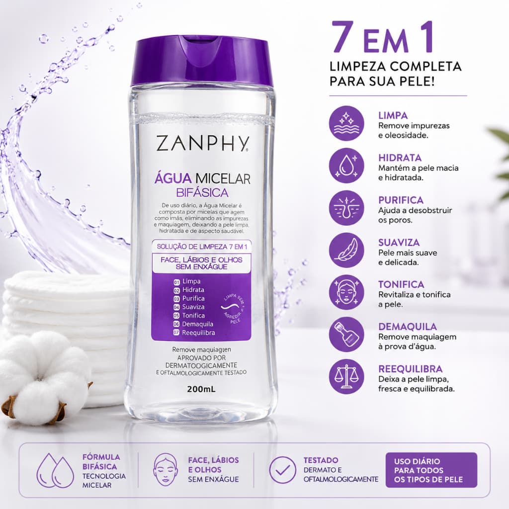 Água Micelar Bifásica Zanphy 200ml 7 em 1 Demaquilante Facial Remove Maquiagem à Prova D'Água Uso Diario