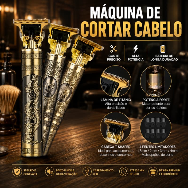 KIT Máquina Dragão De Cortar Cabelo e Barba Recarregável Sem fio Profissional + Acessórios