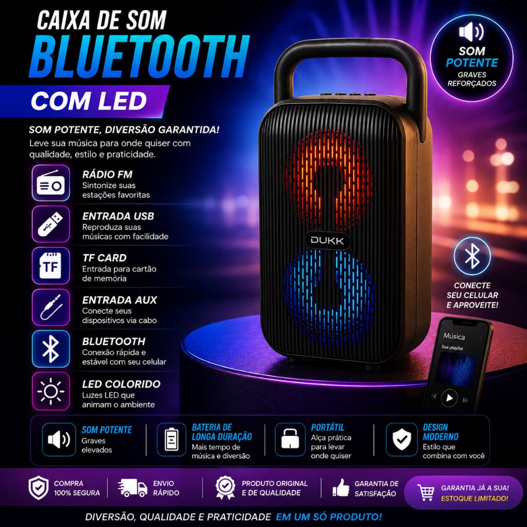 Caixa de Som Bluetooth 50W Potente RGB LED Grande Som Alto TWS Portátil USB FM