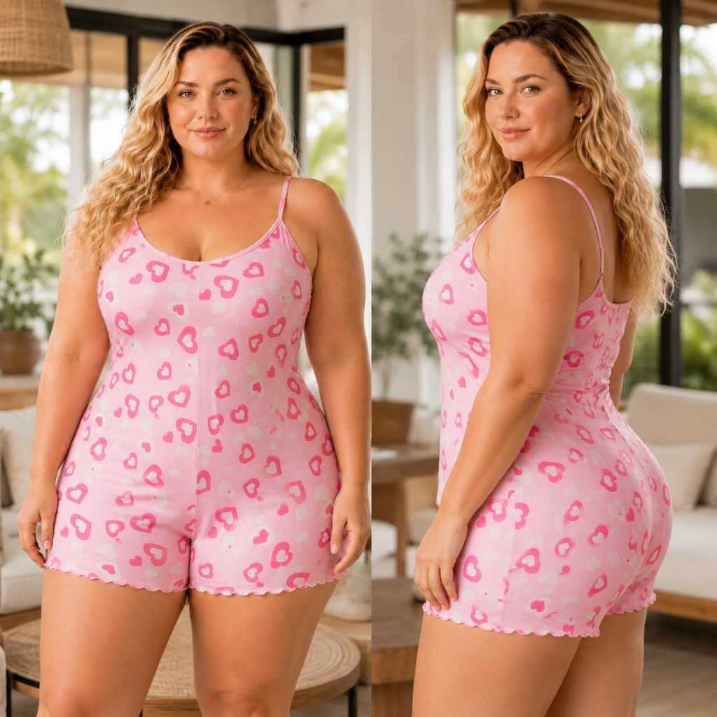 Pijama Feminino Plus Size Macaquinho Estampado Baby Doll Dormir G1/G2/G3/G4