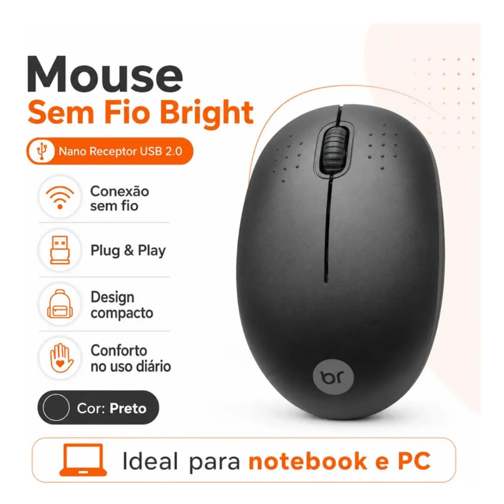 Mouse Sem Fio Bright 0404 Preto 2.4GHz USB 2.0 Nano Receptor Ergonômico 1200 DPI Notebook PC