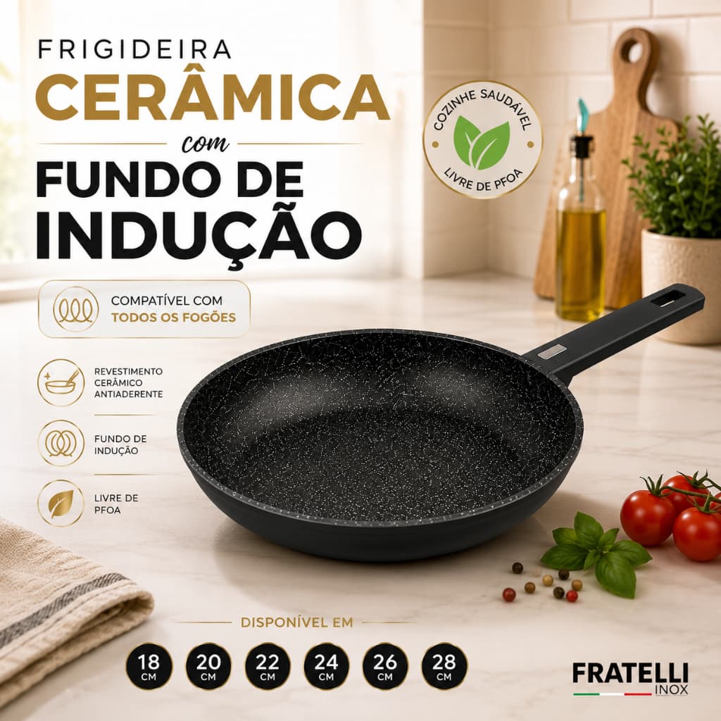 Frigideira Preta Cerâmica Antiaderente Fundo de Indução, Não gruda, Todos os Fogões, fogão indução, gás, elétrico