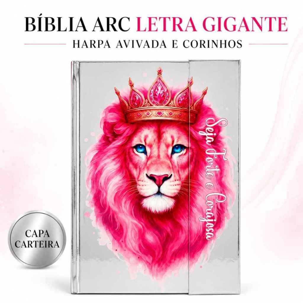 Bíblia Sagrada ARC Letra Gigante Leão Rosa Harpa Capa Carteira