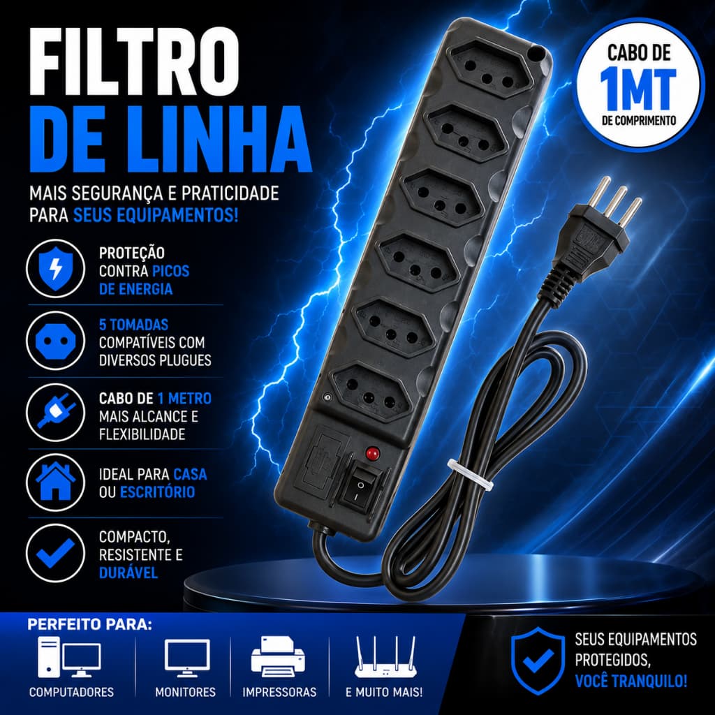 Filtro de Linha 5 Tomadas, Protetor de Energia 10a Bivolt Preto Fusível Tripolar Cabo 1MT
