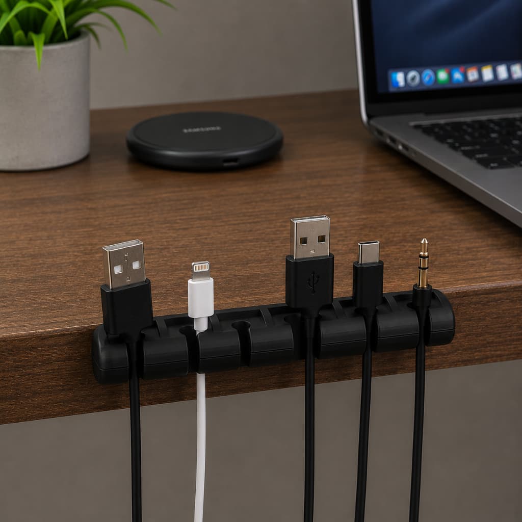 Organizador de Cabos 6 Furos Adesivo | Suporte para Cabos USB, USB-C, Lightning e Carregadores | Organizador de Mesa