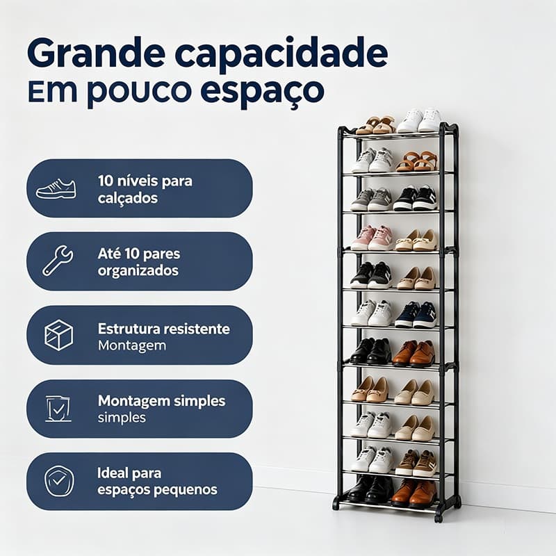 Estante Sapateira Vertical 10 Andares - Porta Calçados Resistente e Organizado para até 30 Pares