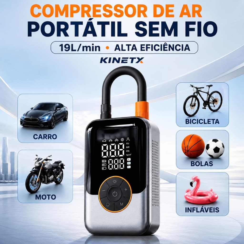 Compressor de Ar Portátil Sem Fio Super Bateria 19L/min Alta Eficiência Calibrador Inflador Pneu Carro Moto KINETX