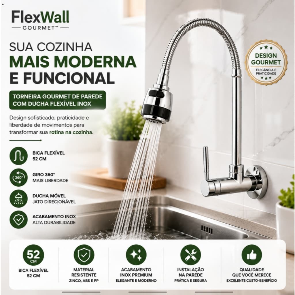 Torneira Gourmet de Parede Inox com Ducha Flexível Bica Móvel 52cm para Cozinha