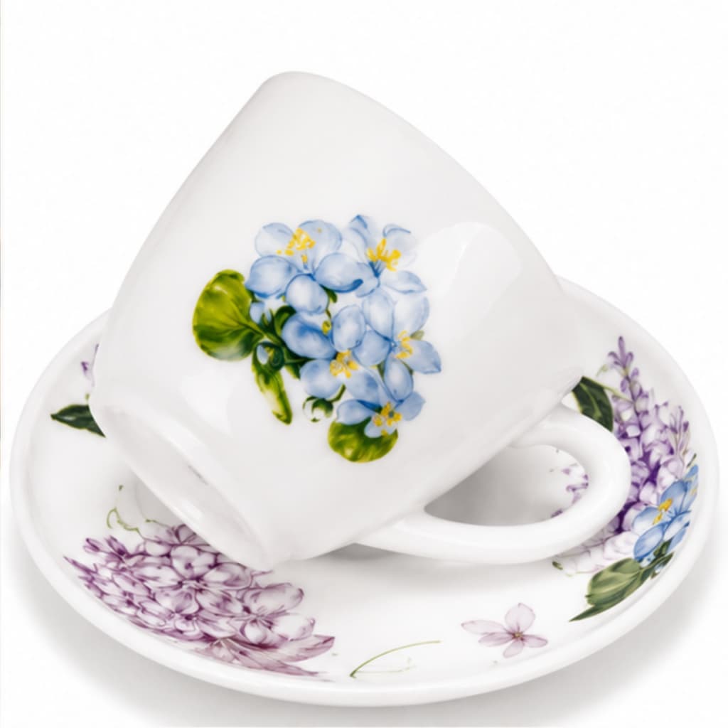 Jogo 6 Xícaras para Café com Pires Hortênsias Solis 220ml Porcelana Floral Mesa Posta Premium