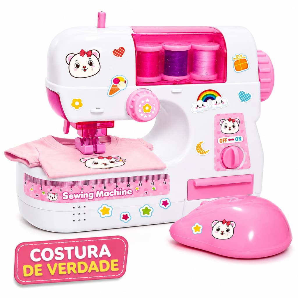 Máquina de Costura Infantil Brinquedo Mini Ateliê Pano Linha e Agulha