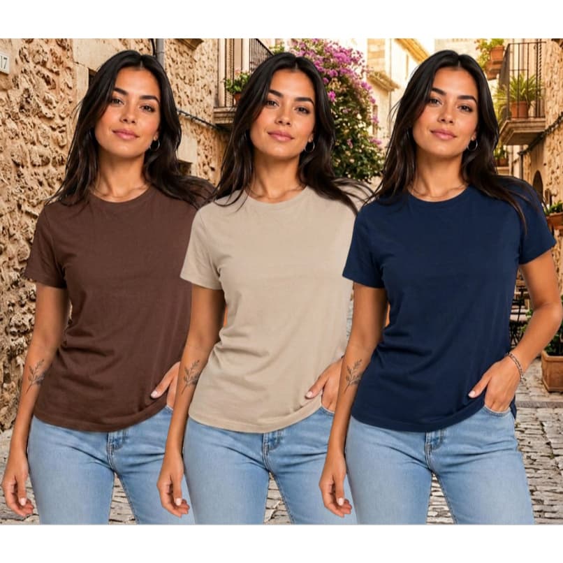 Kit 3 Camisetas Básica Feminina T-Shirt 100% Algodão Tradicional Lisa Manga Curta Lisa Casual Confortável Versátil
