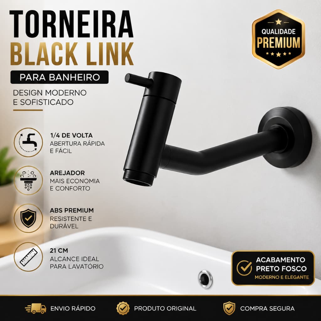 Torneira Banheiro De Parede Black ABS 21cm Com Arejador 1/4 Volta Econômica Premium