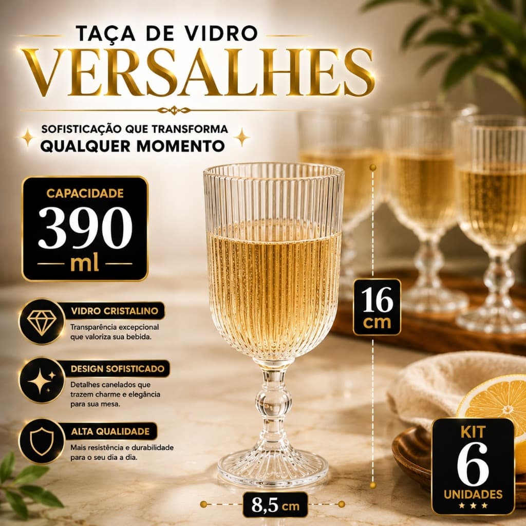 Conjunto Kit 6 Taças Vidro Lapidado Versalhes 16x8,5 cm Clear Luxo 390ml Bebidas Sucos Elegante