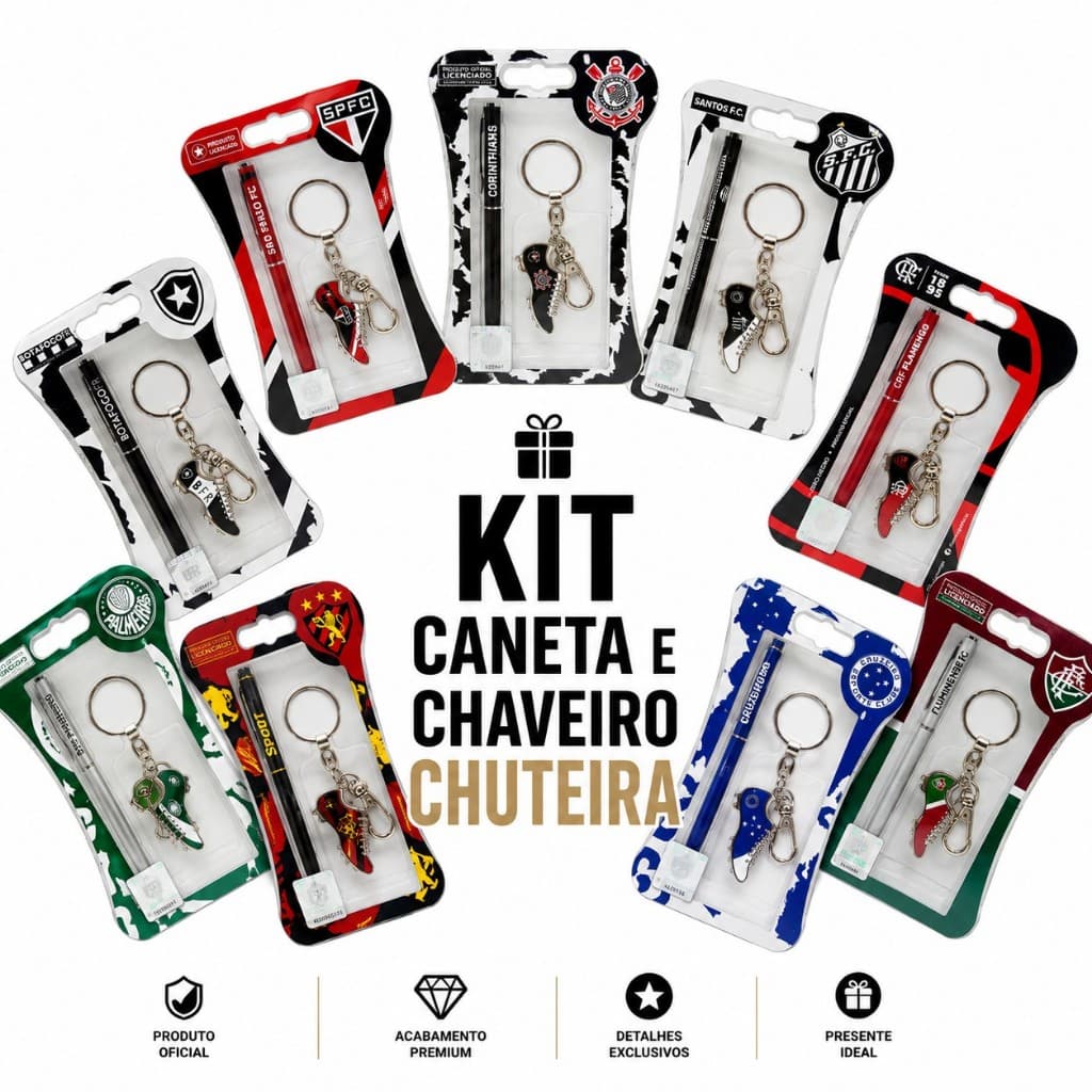 Kit Caneta e Chaveiro Chuteira Oficial Licenciado | Presente para Torcedor | Diversos Clubes | kit Premium