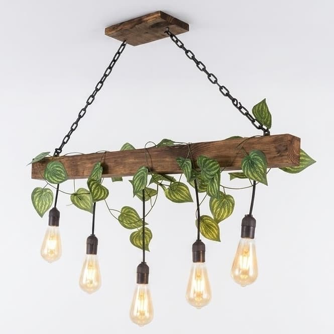 Lustre Madeira Maciça Rústico 120cm 5 Pendentes E27 Com Folhagem Para Sala Gourmet Bivolt