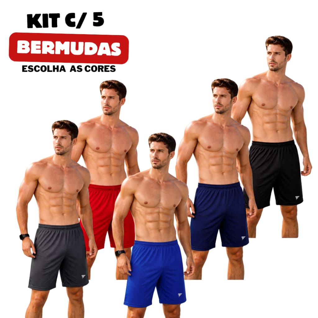 Kit 5 Bermuda Shorts Masculino Academia Treino Poliéster Sem Bolso