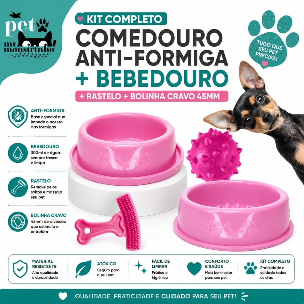 Kit Comedouro Anti-formiga + Bebedouro 300ml + Bolinha Cravo 45mm + Pente Rastelo para Cachorro - Pequeno Porte