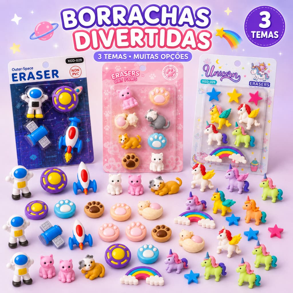 Borracha Escolar 3D Fofa Kawaii Kit Astronauta Gatinho Unicórnio Infantil Papelaria Fofa Kawai