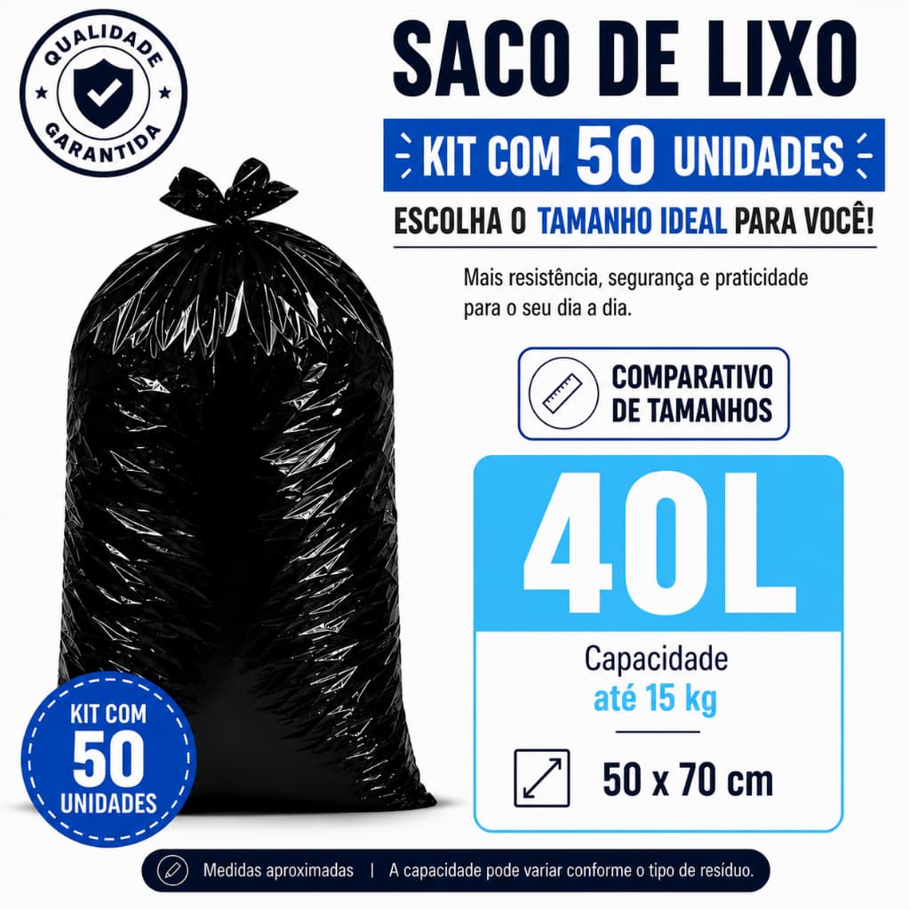 Kit com 50 Sacos de Lixo Plástico Preto Reforçado 40 Litros – Alta Resistência, Qualidade e Durabilidade