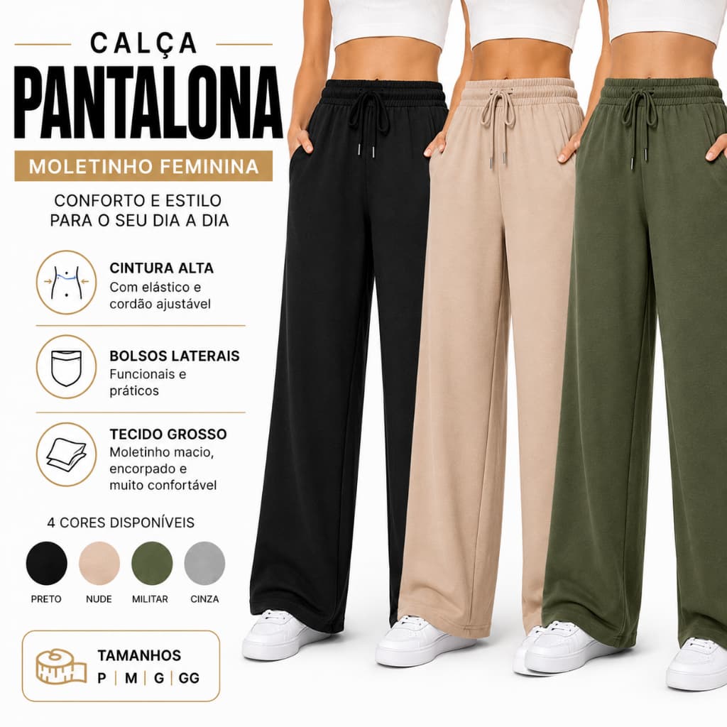 Calça Pantalona Feminina Moletinho Grosso Cintura Alta Wide Leg Casual com Bolsos