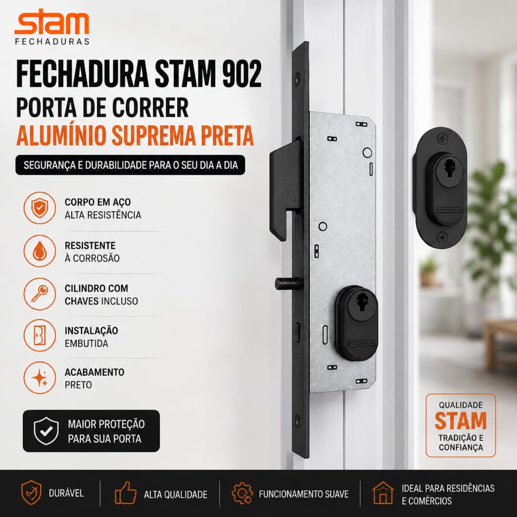 Fechadura Stam 902 Porta de Correr Alumínio Suprema Preta Completa com Cilindro e Chaves