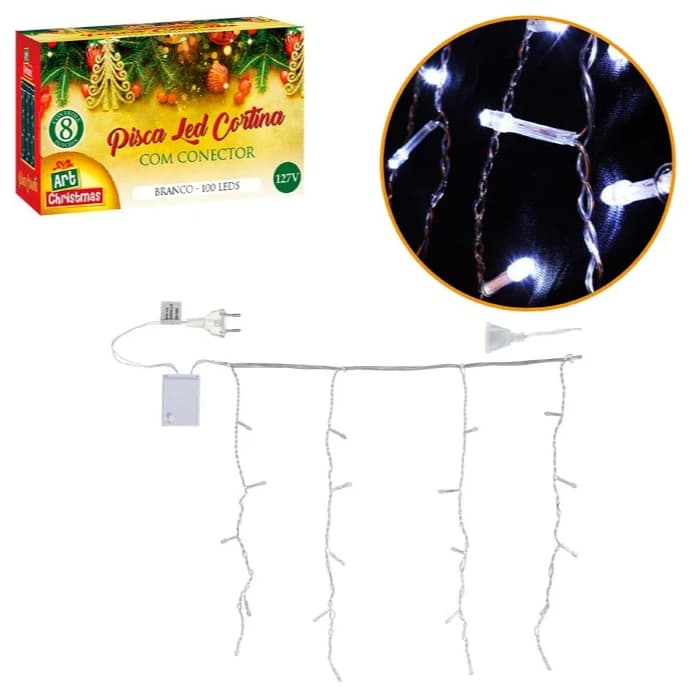 Pisca Pisca Cortina Branco Frio 100 Led, Cortina 40cm X 2,5m 127V, Enfeite Natal