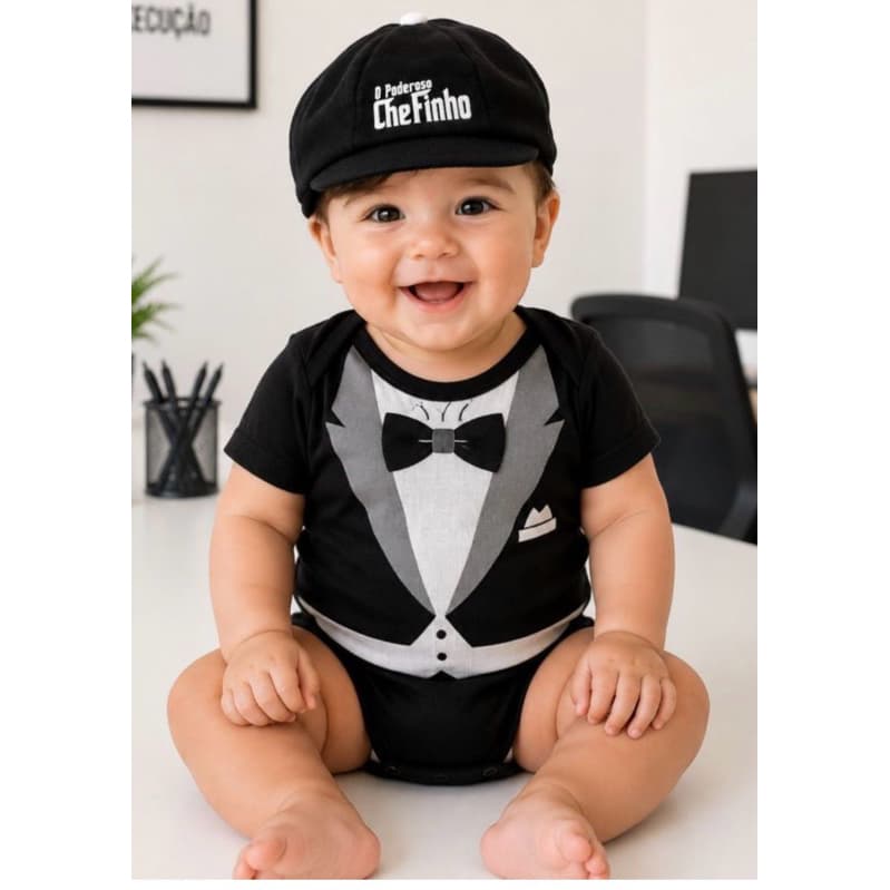 Kit Body Bebê Temático - Personagem Poderoso Chefinho Terno e boina