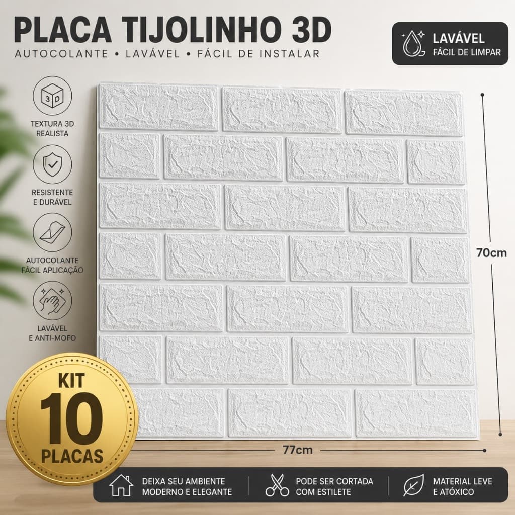Lote 10 Placas Tijolinho Autocolante 70x77 Decoração Ambientes