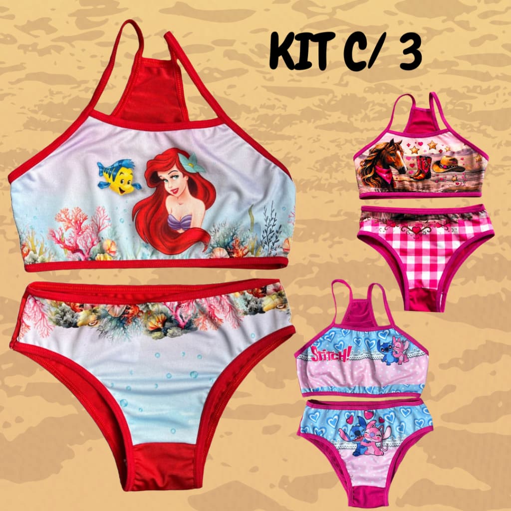 Kit 3 Conjuntos biquini Menina Desenhos menina moda praia Verão lembrancinha infantil presente natal