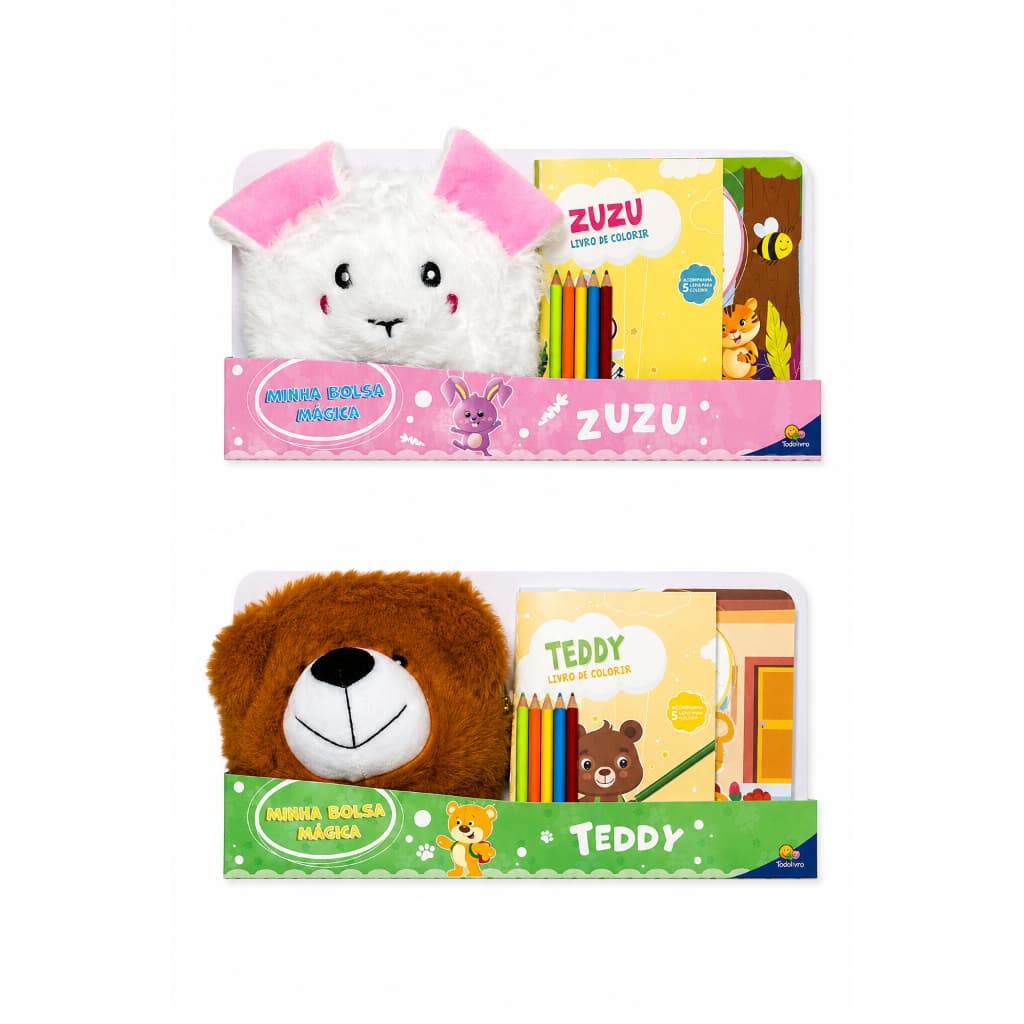 Minha Bolsa Mágica Infantil com Pelúcia + Livro de Colorir + 5 Lápis de Cor | Modelos Teddy ou Zuzu