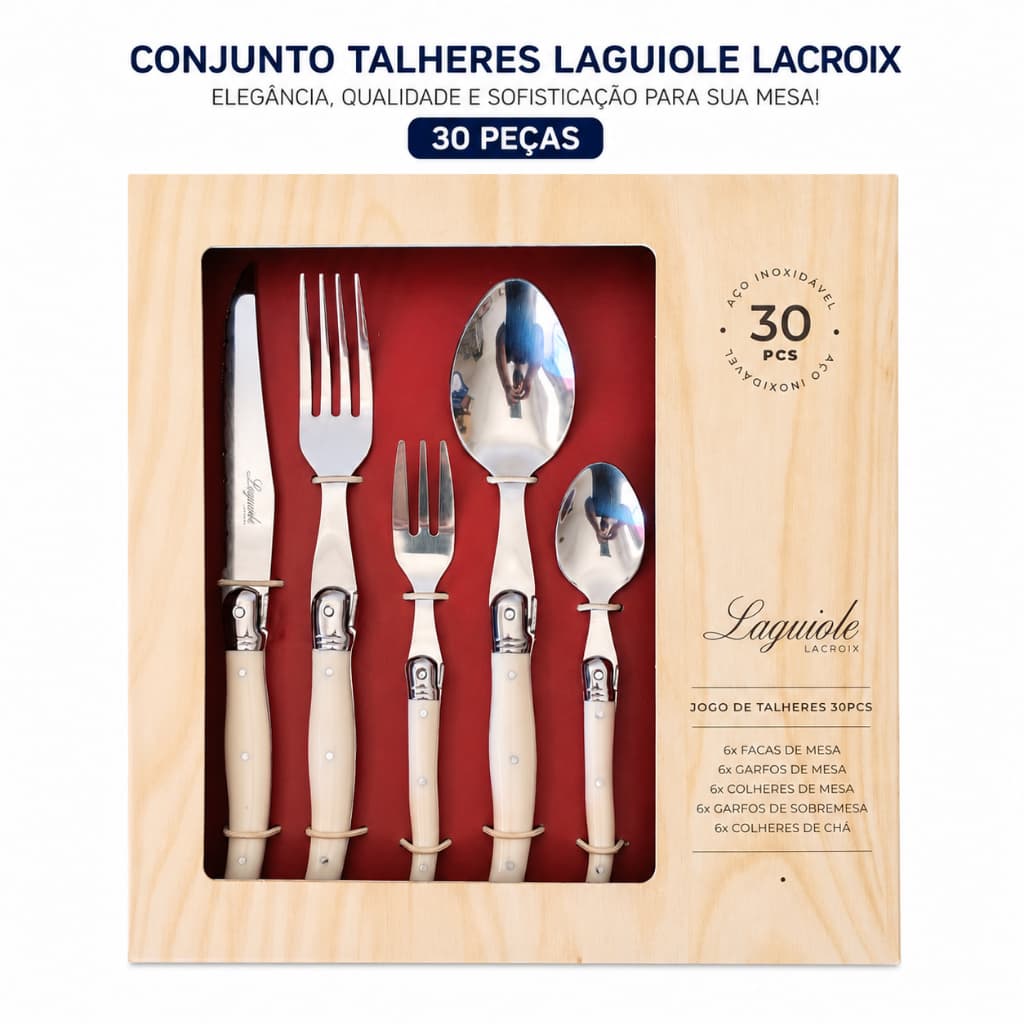 Conjunto de Talheres Laguiole Lacroix 30 Peças Aço Inox Cabo Marfim Faqueiro Elegante Mesa Posta Premium