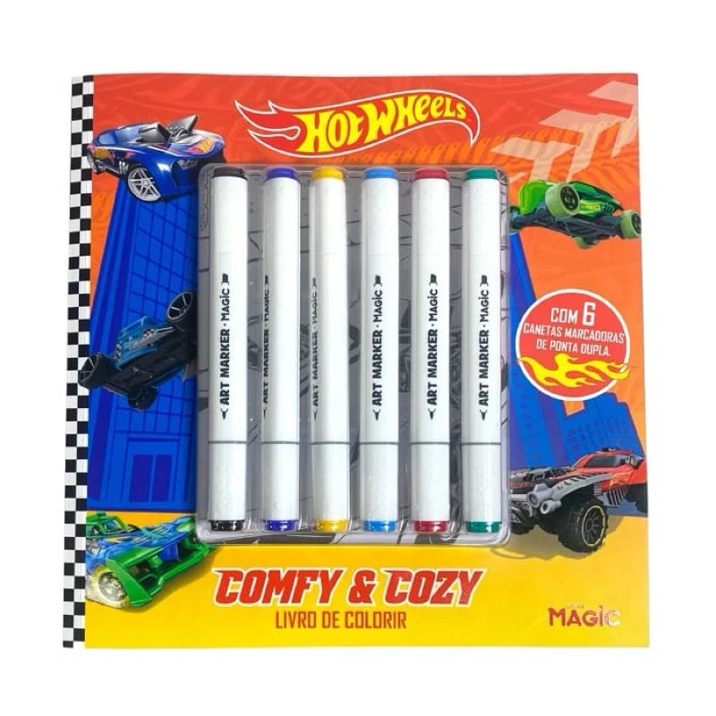 Livro Para Colorir 48 Paginas Hot Wheels Com 6 Canetinhas