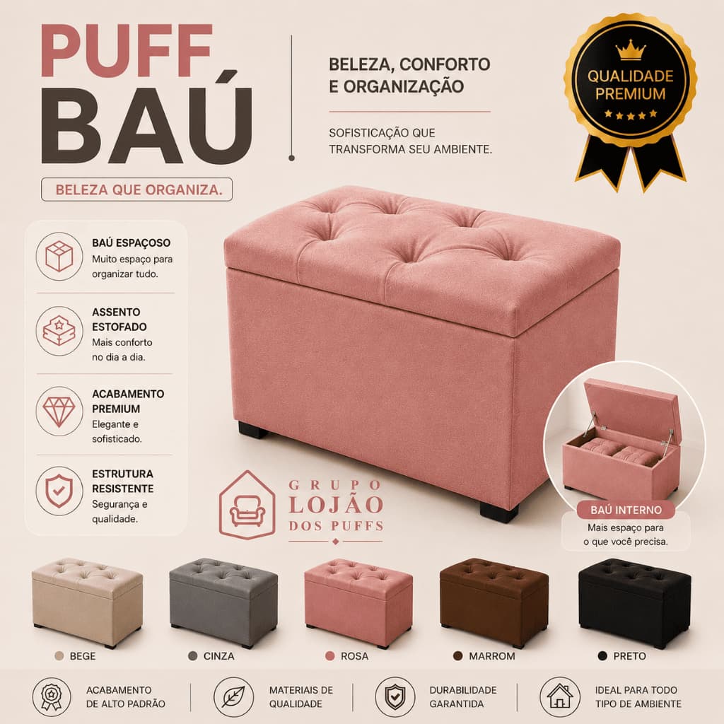 PUFF BAÚ ROSA SUEDE LUXO ORGANIZADOR MULTIUSO ESTOFADO QUALIDADE QUARTO SALA CASA PENTEADEIRA ROUPAS