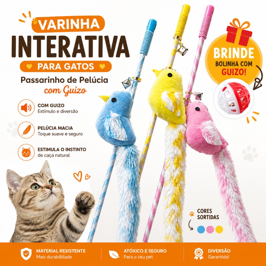 Varinha Interativa para Gatos com Guizo, Pelúcia de Passarinho com Rabo Sonoro | Brinquedo Interativo Pet