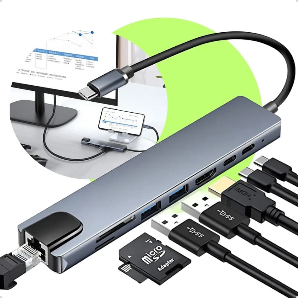 Adaptador de Hub Tipo C 8 em 1 HDMI Micro SD TF M1 4K USB 3.0 para computador de todos os tipos