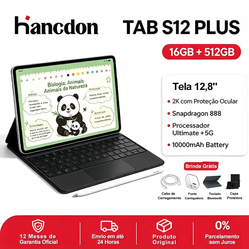 Hancdon Tablet  S12 Plus | 12.8" Tela FHD | 16+512GB | Bateria 10000mAh | Snapdragon 888 WiFi/5G LTE