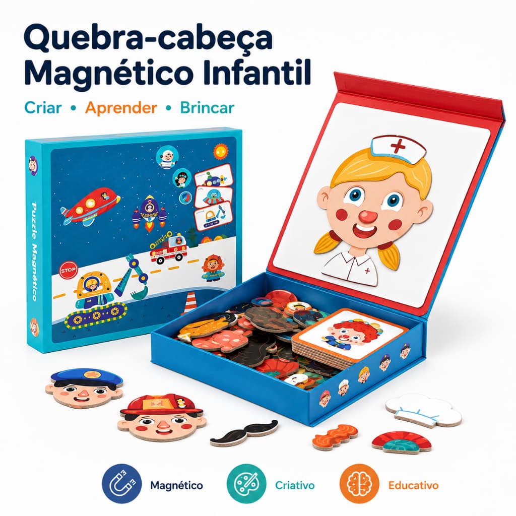 Quebra-Cabeça Magnético Infantil Educativo Livro Magnético Montar Personagens Brinquedo Pedagógico 3+ Anos