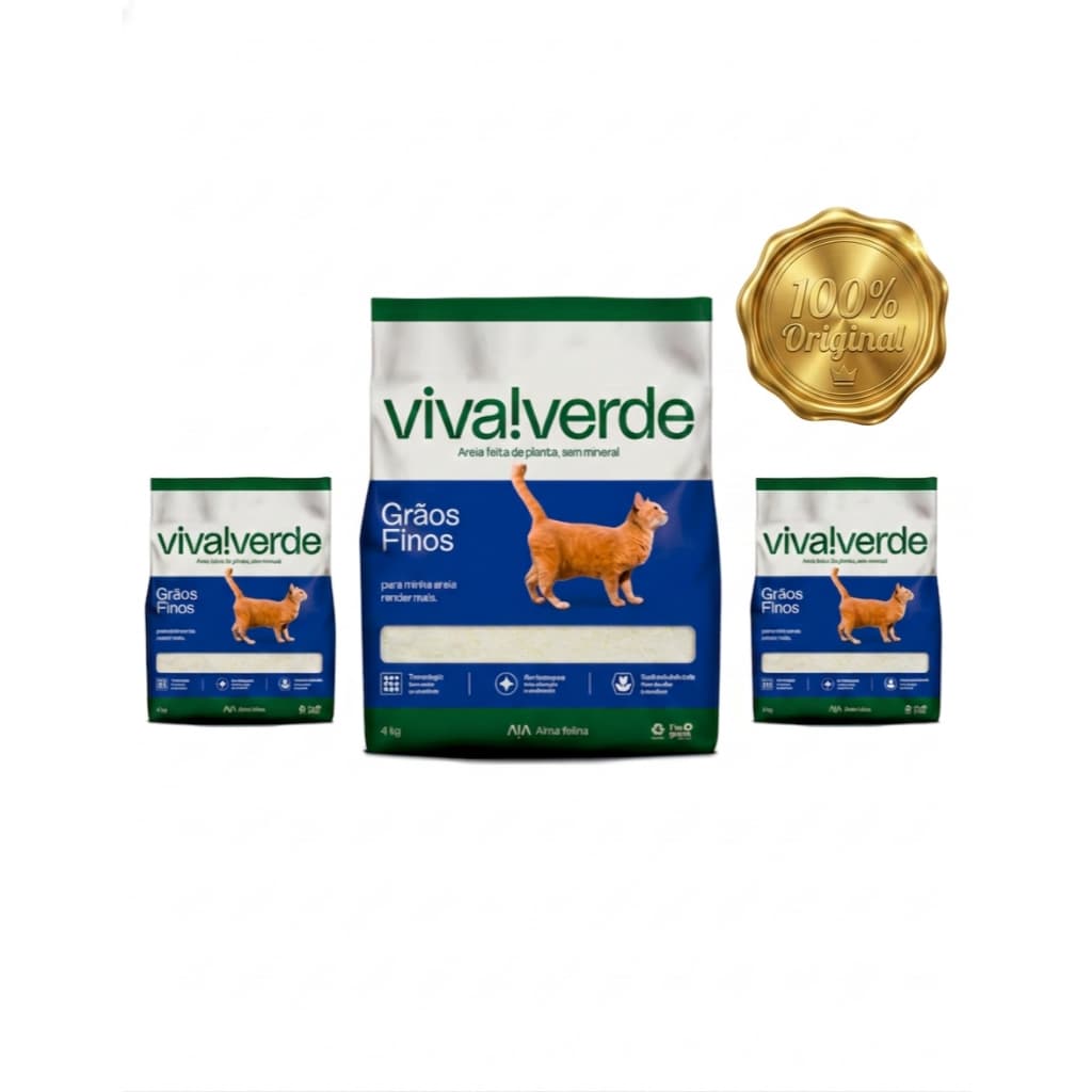 Kit 3 Unidades Areia Higiênica Viva Verde Grãos Finos para Gatos - Biodegradável 4kg