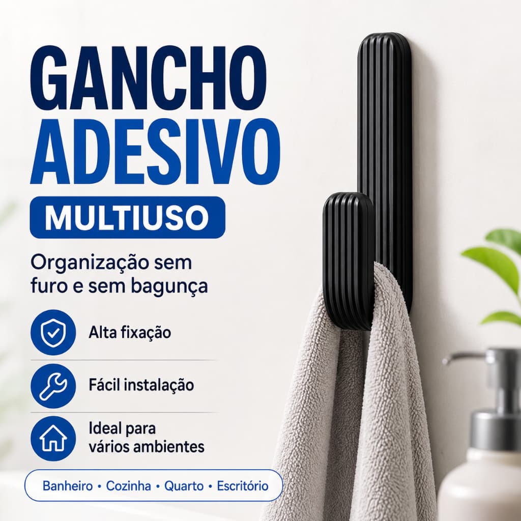 Gancho Suporte Resistente Com Fita Dupla Face de Toalhas Roupas e Acessórios Variados Branco ou Preto Kit 1 ,2 , ou 3