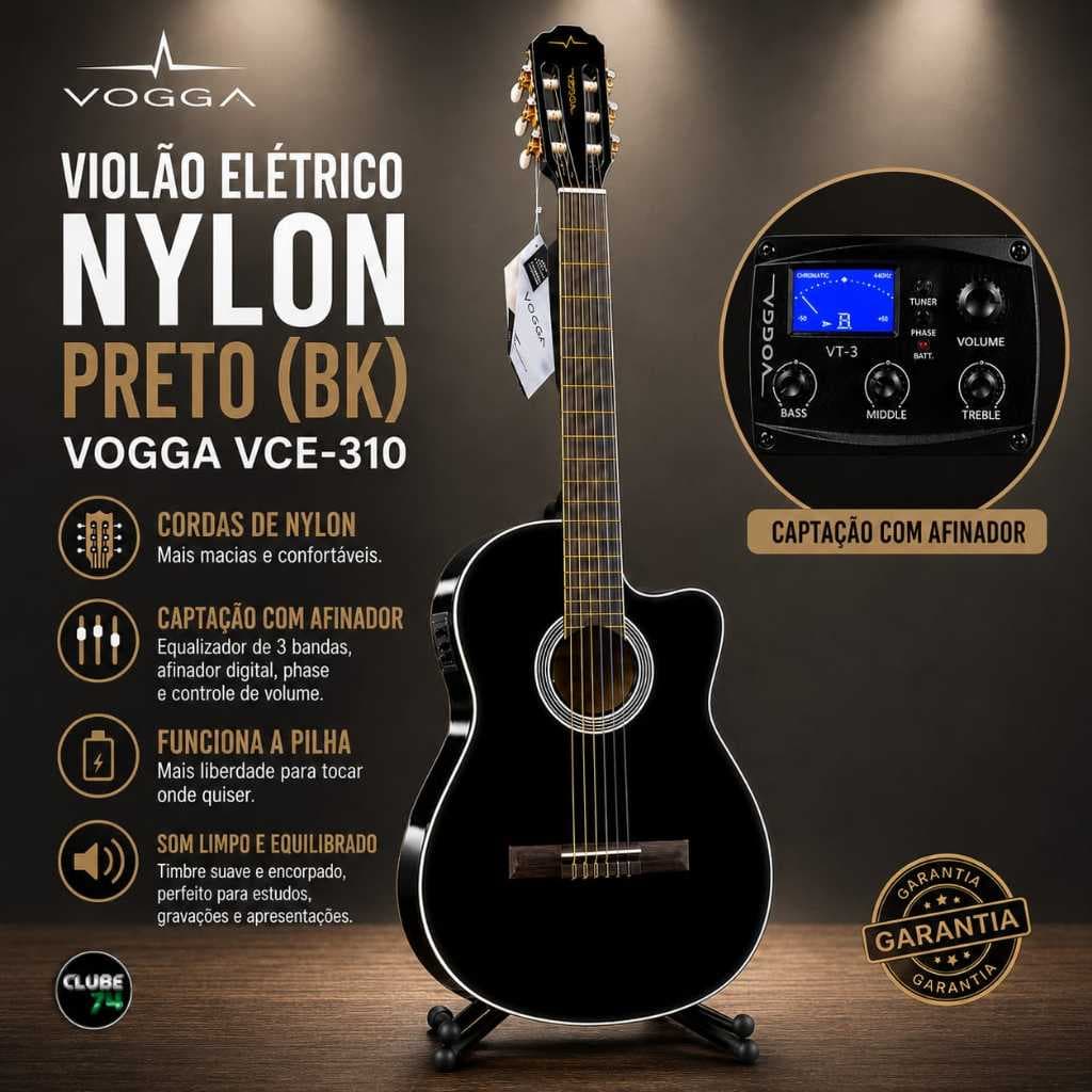 Violão Elétrico Nylon Preto (BK) Vogga VCE-310