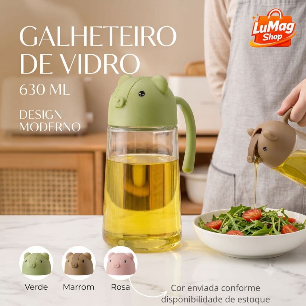 Galheteiro de Vidro 630ml com Tampa e Alça Dispenser para Azeite Óleo Vinagre Molhos Cor Sortida