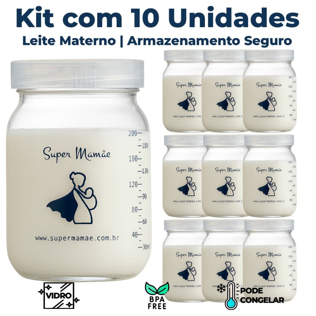 Kit 10 Potes de Vidro 200ml para Armazenar Leite Materno – Tampa Plástica BPA Free